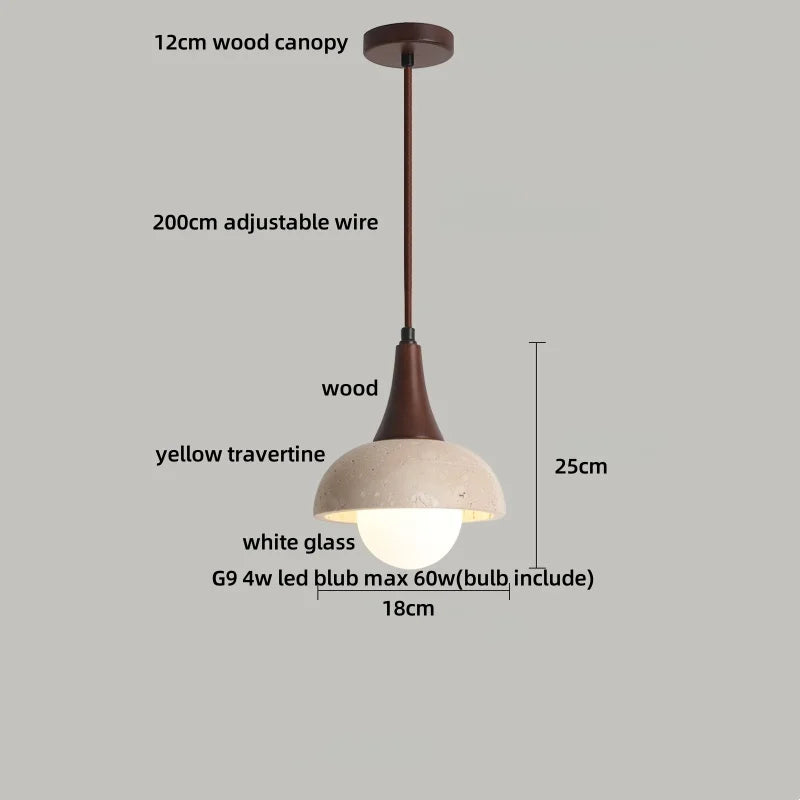 DecorBites™ LED Wood Canopy Pendant Lights Yellow Travertine Stone Hanging Lamp