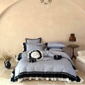 DecorBites™ Flowers Embroidery Ruffles Cotton Bedding Set with Duvet Cover, Sheet, Pillowcases