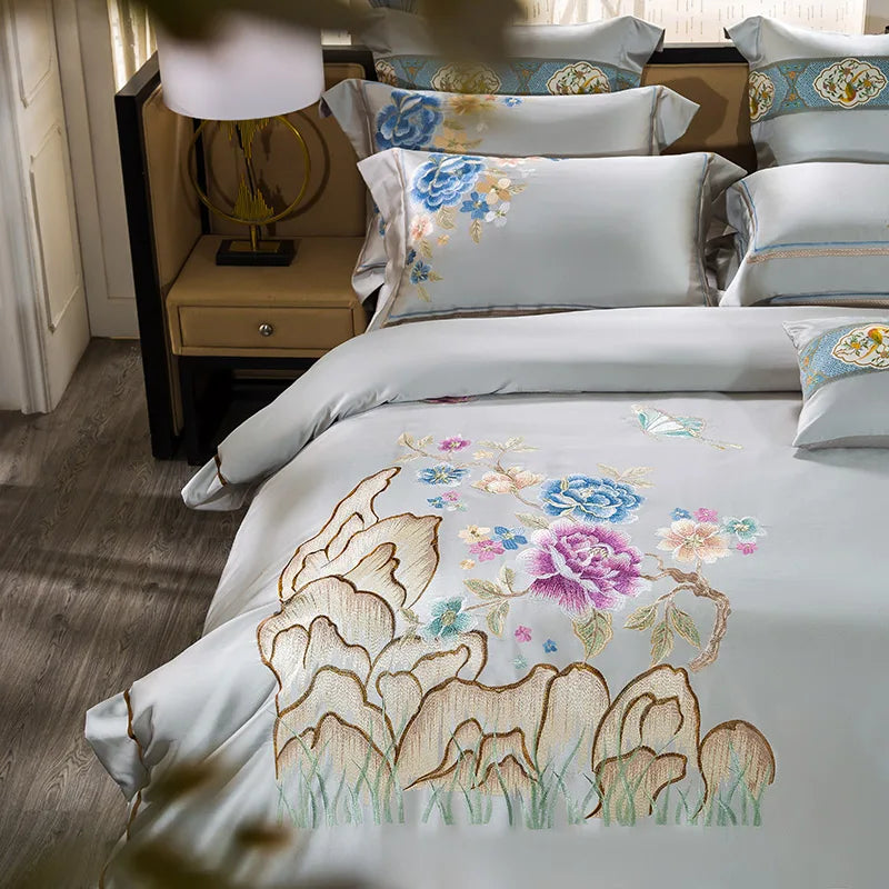 DecorBites™ 200S Embroidered Egyptian Cotton Bedding Set Queen King Sheets Duvet Cover