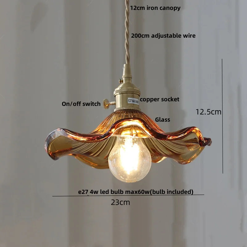 DecorBites™ Amber Glass LED Pendant Lamp with Walnut Wood Accent - Modern Nordic Hanging Light