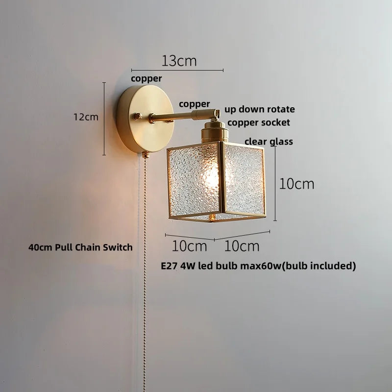 DecorBites™ مصباح حائط LED على الطراز الياباني مع مفتاح سحب زجاجي شفاف ومصباح بجانب السرير