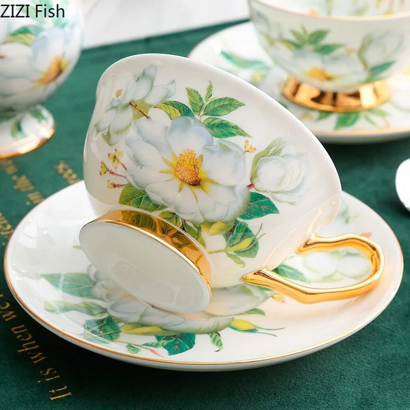 طقم فنجان وصحن سيراميك Green Flowers من DecorBites™ للقهوة والشاي والعصير والمزيد