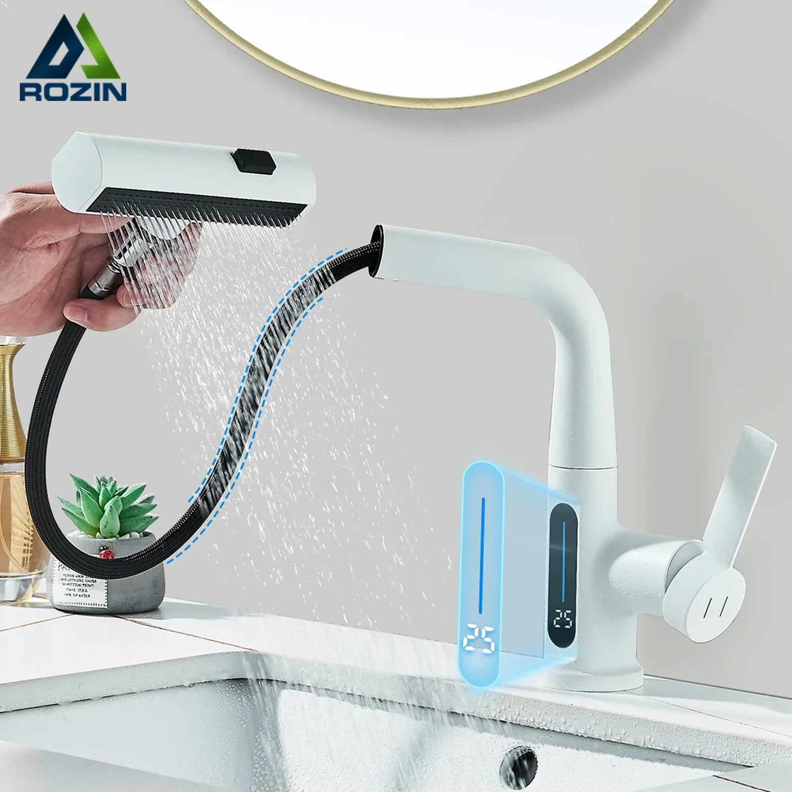 DecorBites™ Digital Display Basin Faucet with 3-Way Nozzle: Pull Out, Rainfall Stream, Hot Cold Mixer