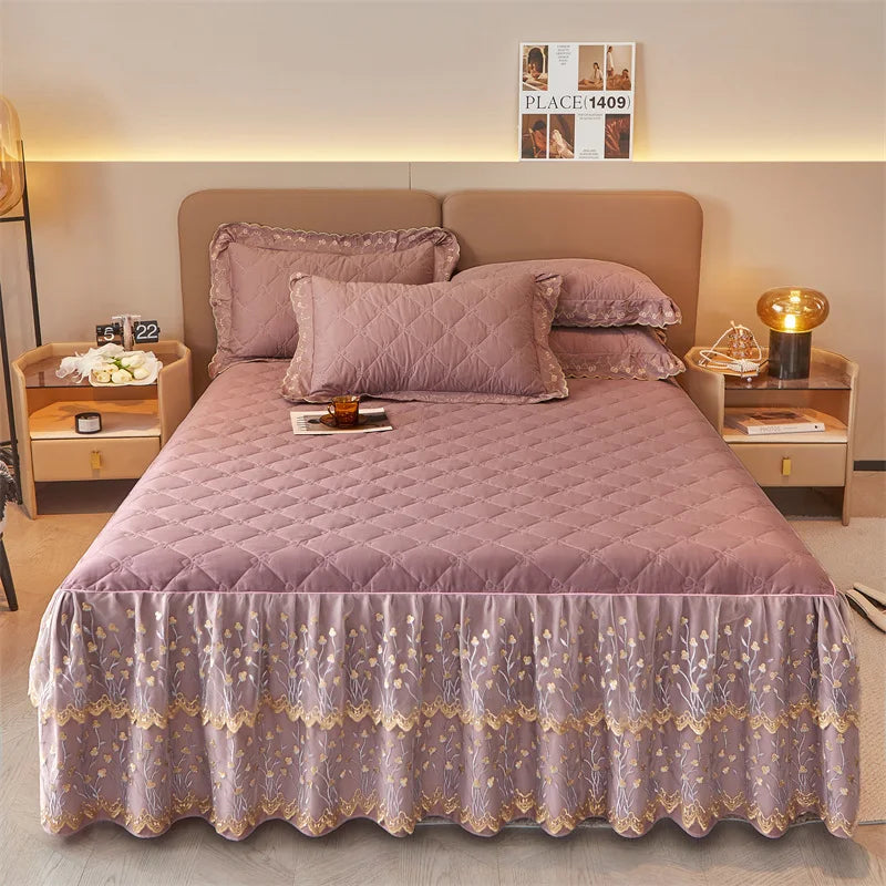 DecorBites™ Cotton Lace Ruffles Quilted Bed Skirt Set with Pillowcases