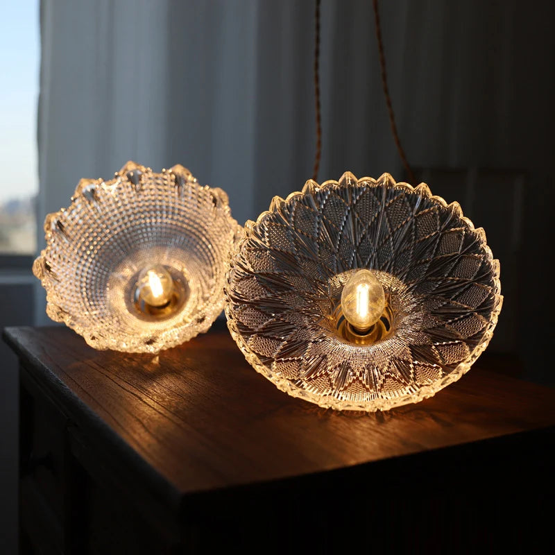 Korean Retro Glass Pendant Light With Wood Accent