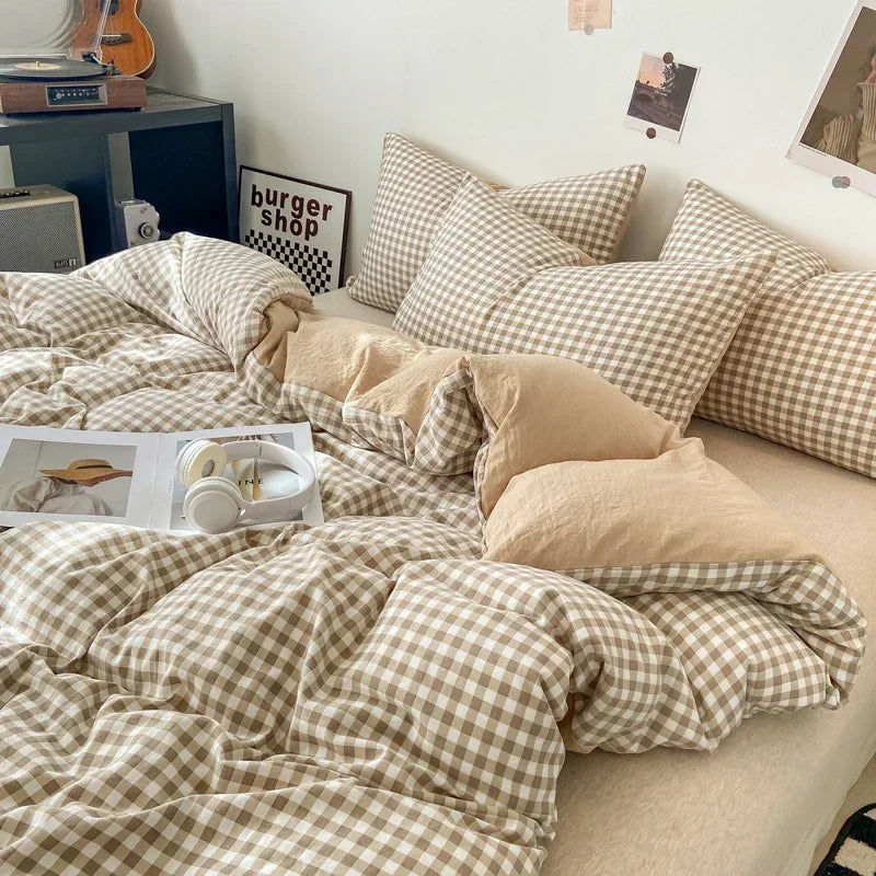 طقم غطاء لحاف بنمط ياباني كاروهات من DecorBites™ - غطاء لحاف ومخدة مغسولان وناعمين