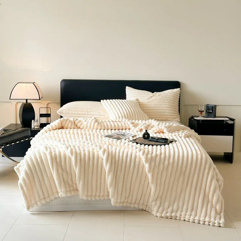 DecorBites™ Cozy Coral Fleece Striped Solid Blanket for Winter Sofa Cover Queen King Sizes
