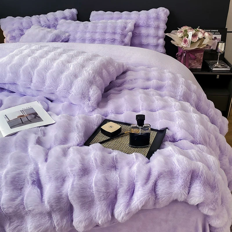 طقم مفروشات فرو الأرنب الصناعي المتدرج من DecorBites™ - أغطية لحاف قطيفة فاخرة ودافئة وأطقم لحاف