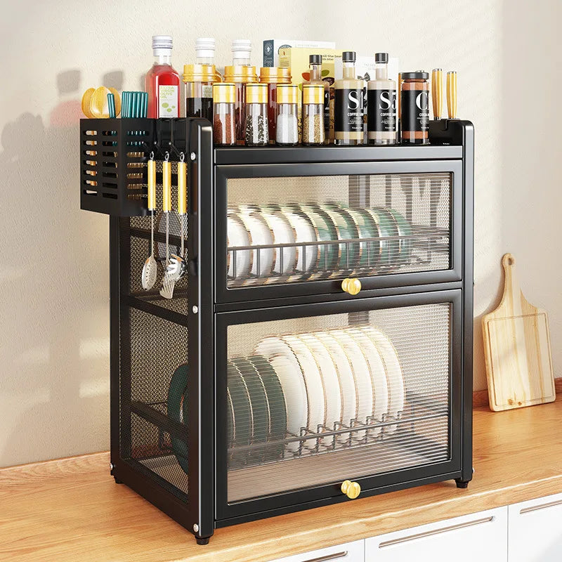 DecorBites™ Double-layer Kitchen Dish Drying Rack with Chopstick Cage and Tableware Basket