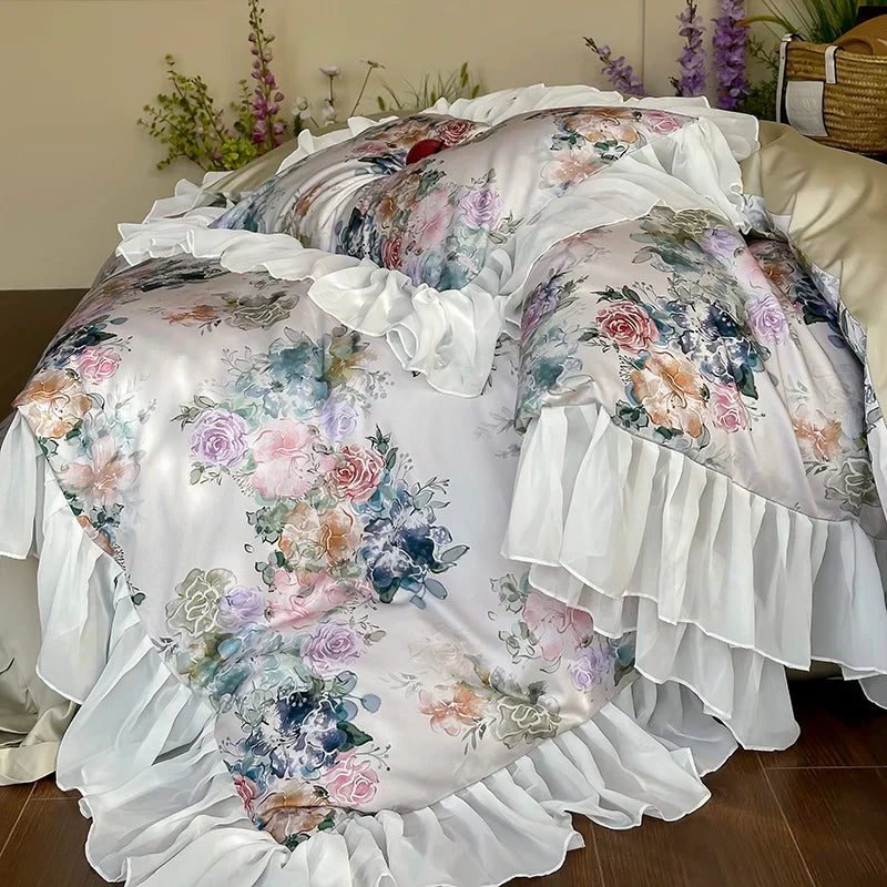 DecorBites™ French Flowers Lace Ruffles Princess Bedding Set with 1000TC Egyptian Cotton