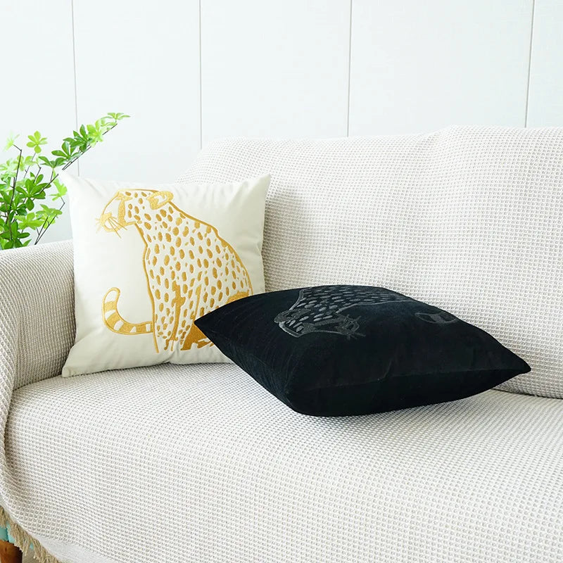 DecorBites™ Gold Leopard Velvet Pillow Case 45x45cm Luxury Embroidered Animal Cushion Cover