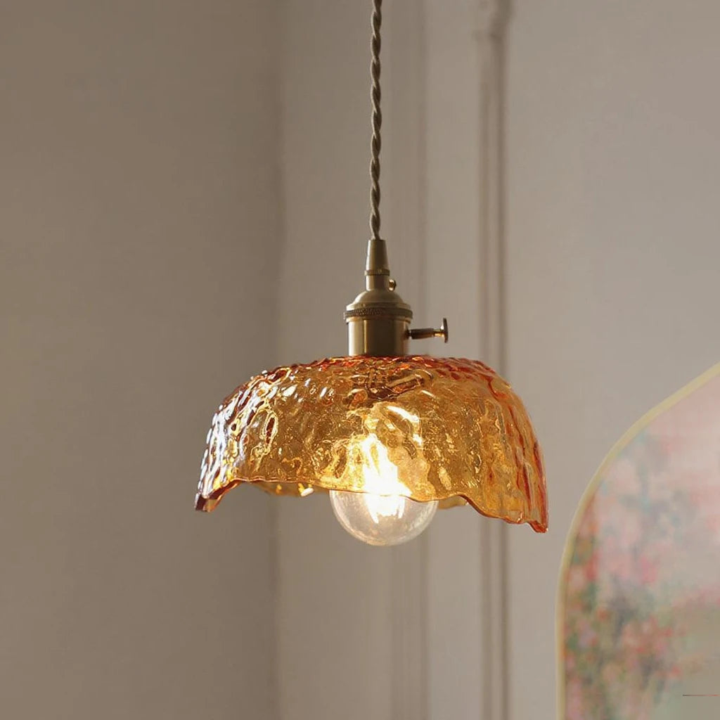 Vintage Amber Glass Pendant Light With Brass Detail