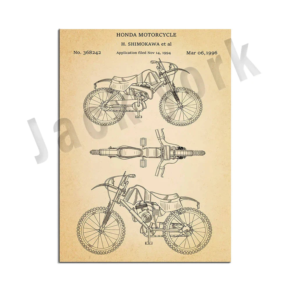 DecorBites™ Dirt Bike Patent Blueprint Poster Canvas Wall Art