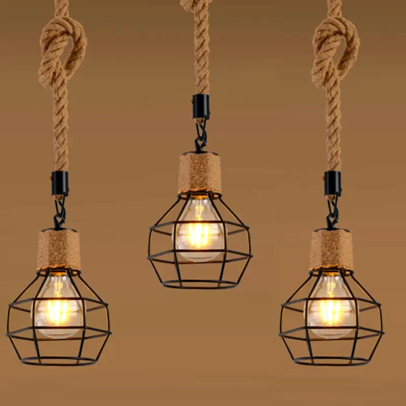 Vintage Hemp Rope Iron Pendant Light in Black