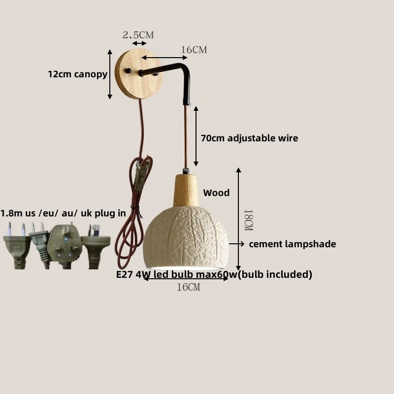 DecorBites™ Cement Wood Wall Light Pull Chain Switch Adjustable Socket Nordic Modern Provencal