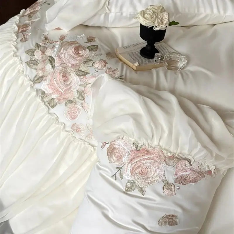DecorBites™ Luxe Lace Ruffles Wedding Bedding Set Flowers Embroidery Duvet Sheet Pillowcase