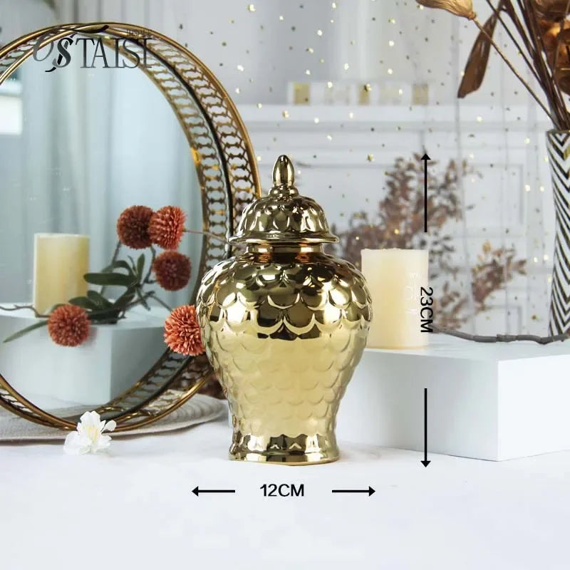 DecorBites™ Geometric Golden Porcelain Jar - Home Decor Vase & Storage Tank