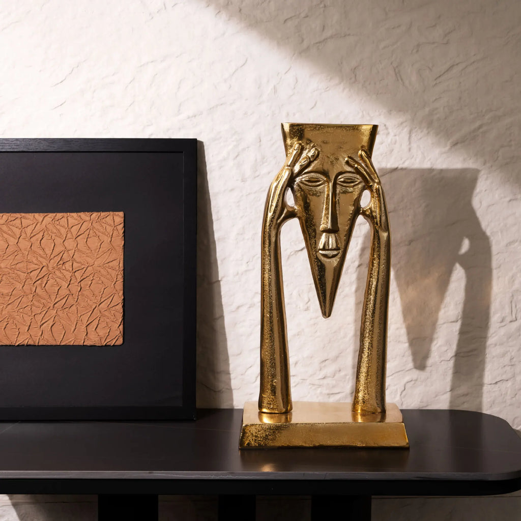 DecorBites™ Golden Masked Figure Sculpture: Abstract Geometric Portrait Home Decor Figurine