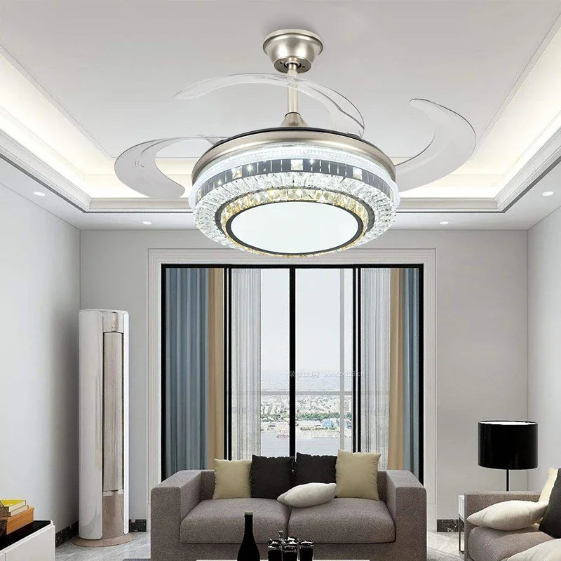 مروحة سقف DecorBites™ Gold Crystal العصرية LED القابلة للسحب مقاس 42 بوصة مع إضاءة ذكية