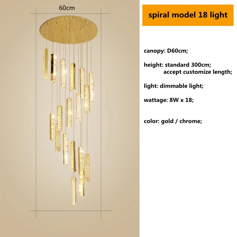أضواء معلقة من الكريستال من الستيل المطلي بالكروم الذهبي من DecorBites™ مزودة بإضاءة LED قابلة للتعتيم لدرج الفيلا