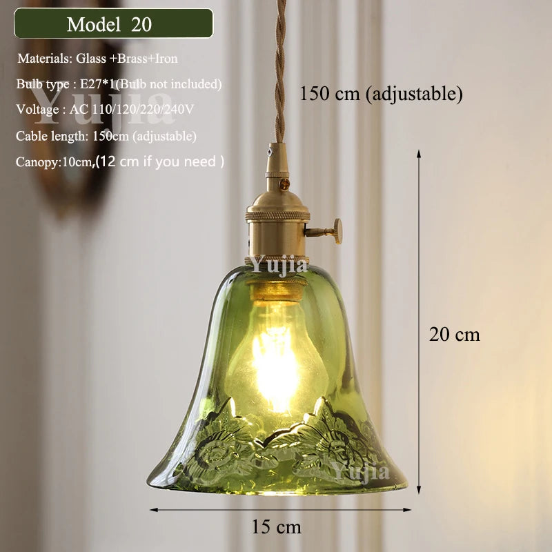 Vintage Green Glass Pendant Light With Brass Finish