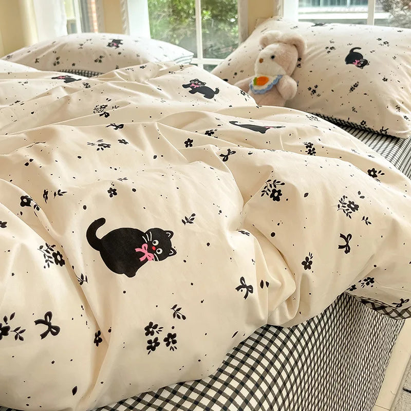 DecorBites™ Grid Print Cotton Bedding Set for Single Double Beds