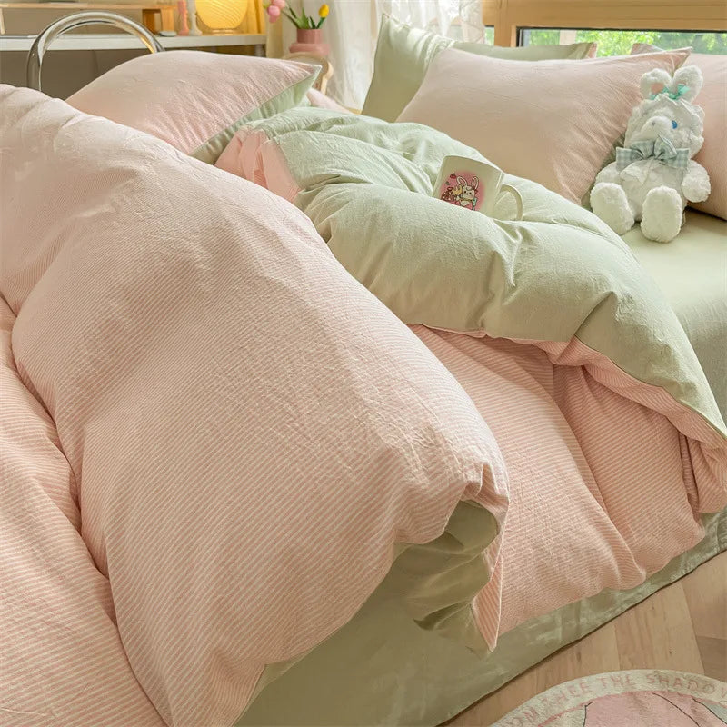 DecorBites™ Cotton Striped Bedding Set Yarn Dyed Washed Duvet Cover Single Bedclothes