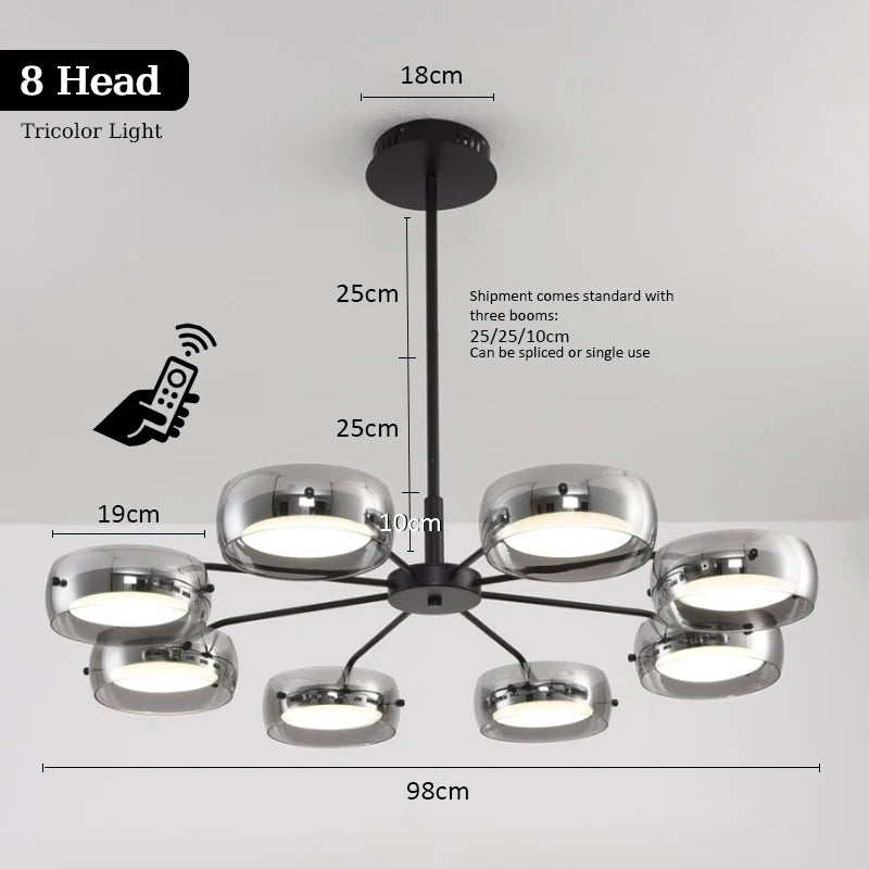 Modern Black Glass Multi-Pendant Chandelier With Remote