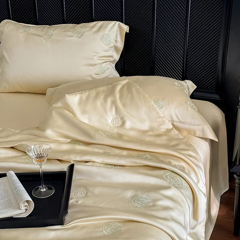 DecorBites™ Eucalyptus Fiber Flower Embroidery Quilt Set with Bed Sheet & Pillowcase