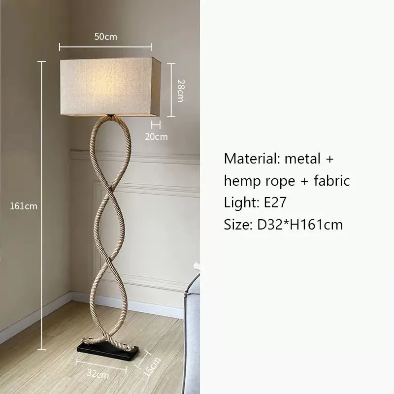 مصباح أرضي LED DecorBites™ بتصميم حبل القنب وقماش الظل بنمط وابي سابي ريترو شمالي