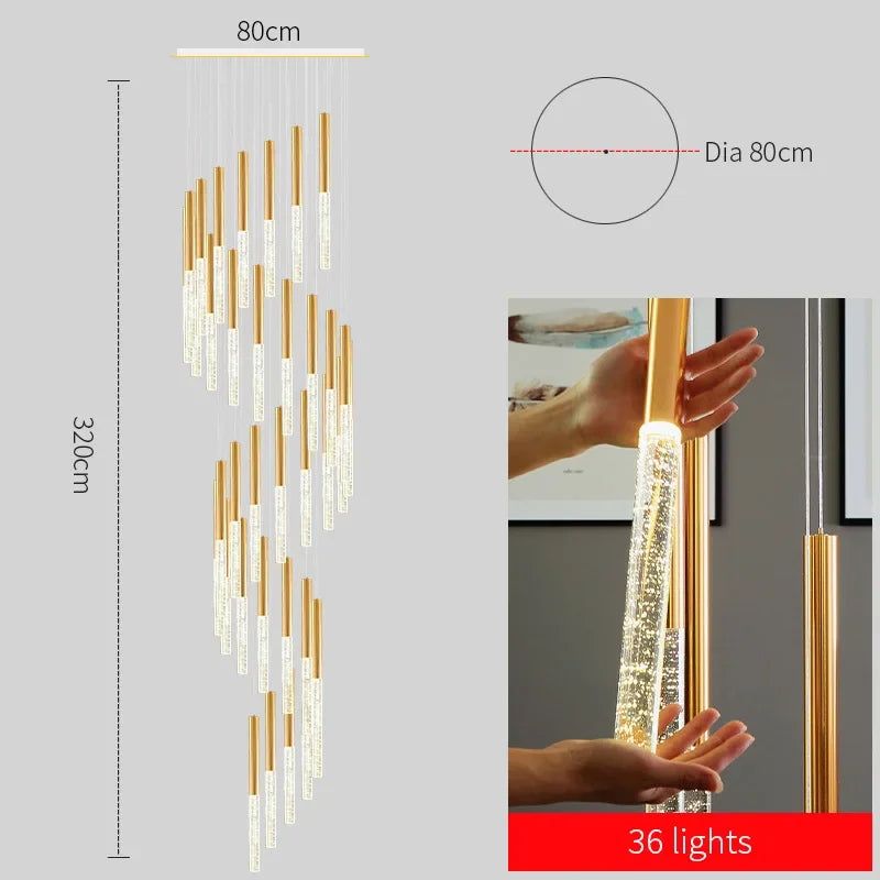 DecorBites™ ثريا كريستالية للسلالم - إضاءة LED ذهبية حديثة لغرفة المعيشة