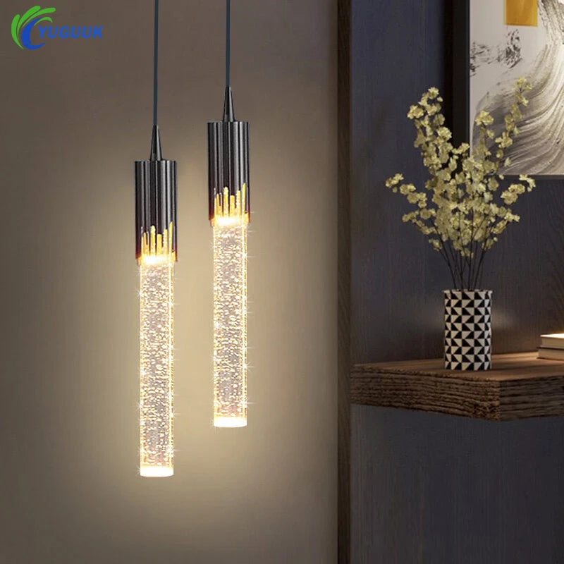 Modern Crystal Rod Pendant Light in Black or Gold