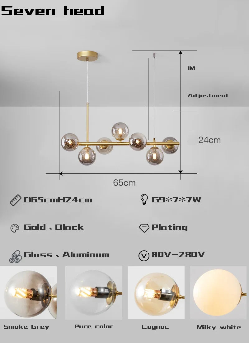 مصباح قلادة LED زجاجي ذهبي من DecorBites™ بـ 11 رأسًا لغرفة المطبخ والطعام