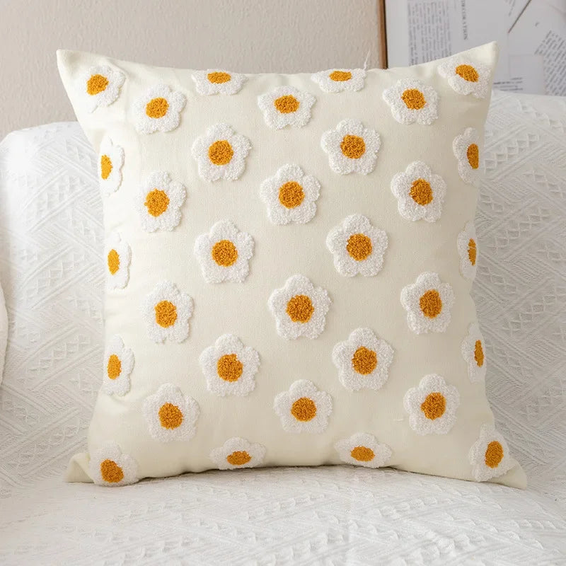 DecorBites™ Embroidered Flora Cotton Canvas Pillow Cover 30x50cm Yellow Zigzag Sham