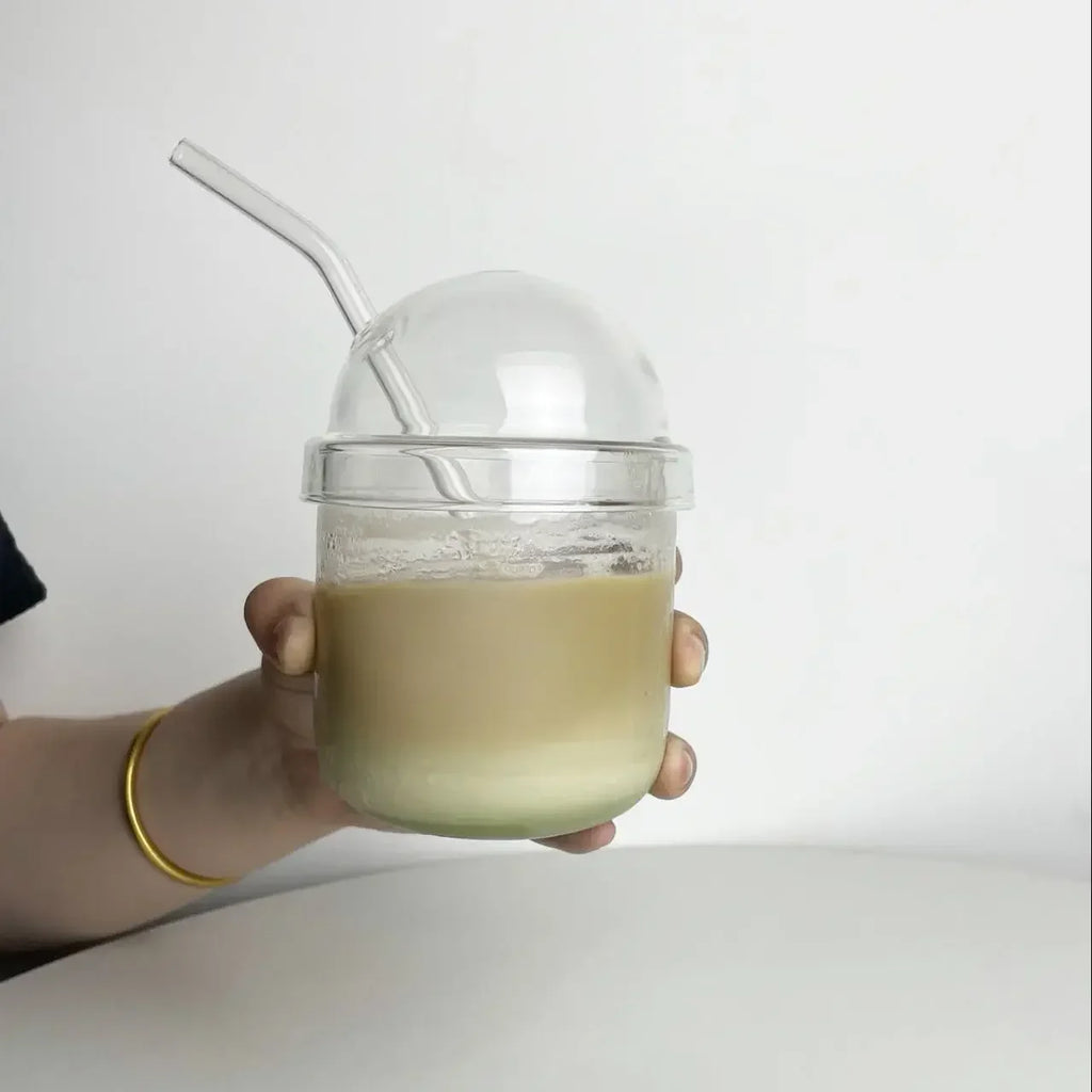 DecorBites™ Glass Cup with Lid, Straw, and Pink Bow Tie: Cute, Simple, High-Value Coffee Cup