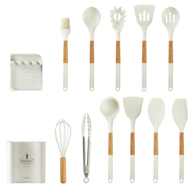 DecorBites™ 10/13 PCS Silicone Kitchen Cookware Set - High Temperature Resistant Non-Stick with Wooden Handle