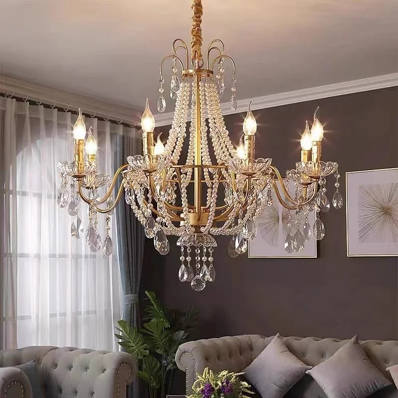 DecorBites™ ثريا ذهبية كريستالية لؤلؤية بمصابيح LED متدلية لإضاءة فاخرة لغرفة المعيشة