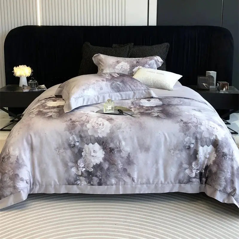 DecorBites™ Flowers Pattern Brushed Bedding Set: Duvet Cover, Bed Sheet, Fitted Sheet, Pillowcase 4Pcs