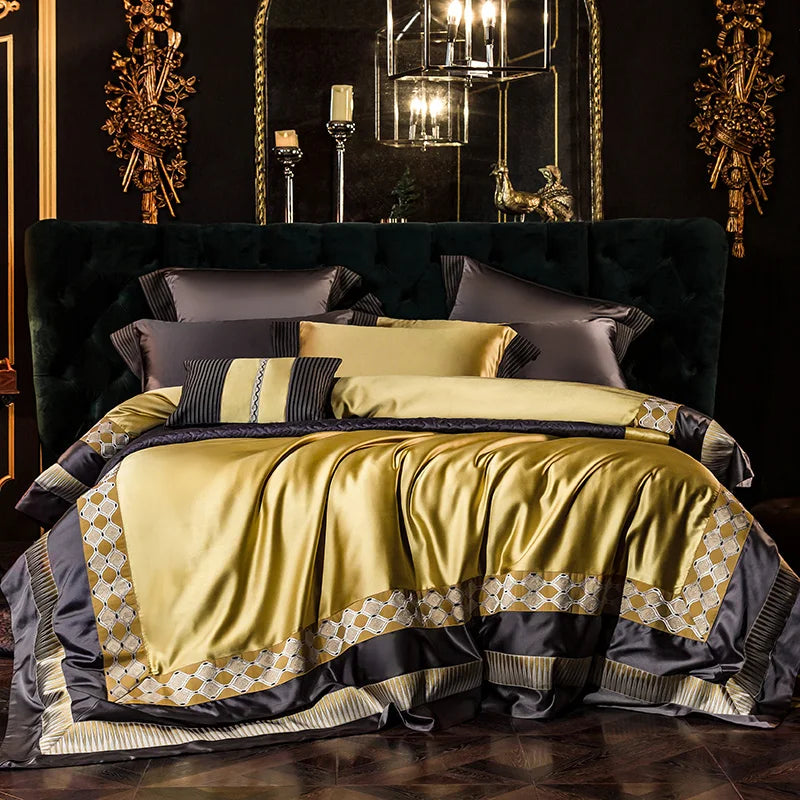 DecorBites™ 200S Embroidery Egyptian Cotton Bedding Set: Queen King Linens, Sheet Duvet Pillowcase