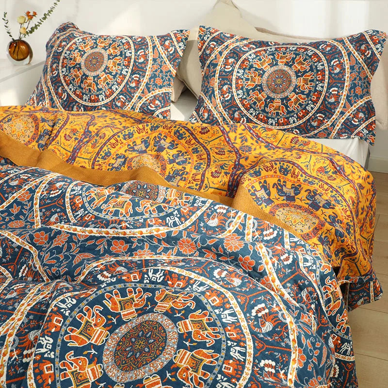DecorBites™ Cotton Picnic Blanket/Bedspread - Double Bed 150 Flowers Blue, High Quality Pillowcases