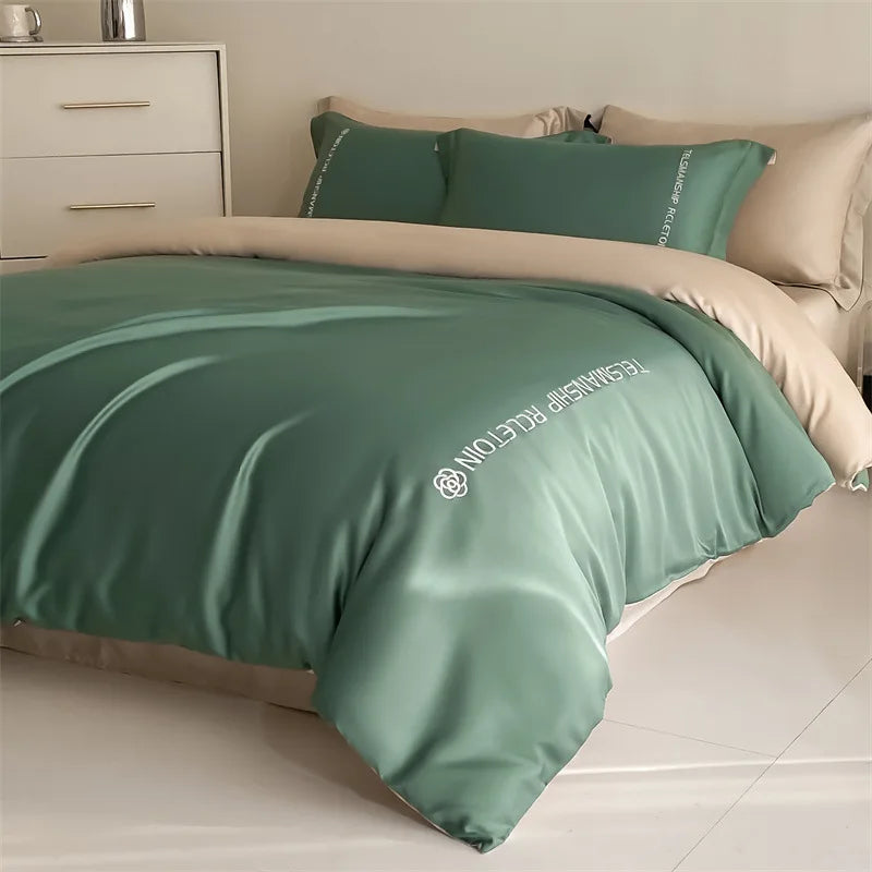 DecorBites™ Cotton Solid Color Bedding Set, Premium Quality Embroidery Quilt Cover, Single Bed.