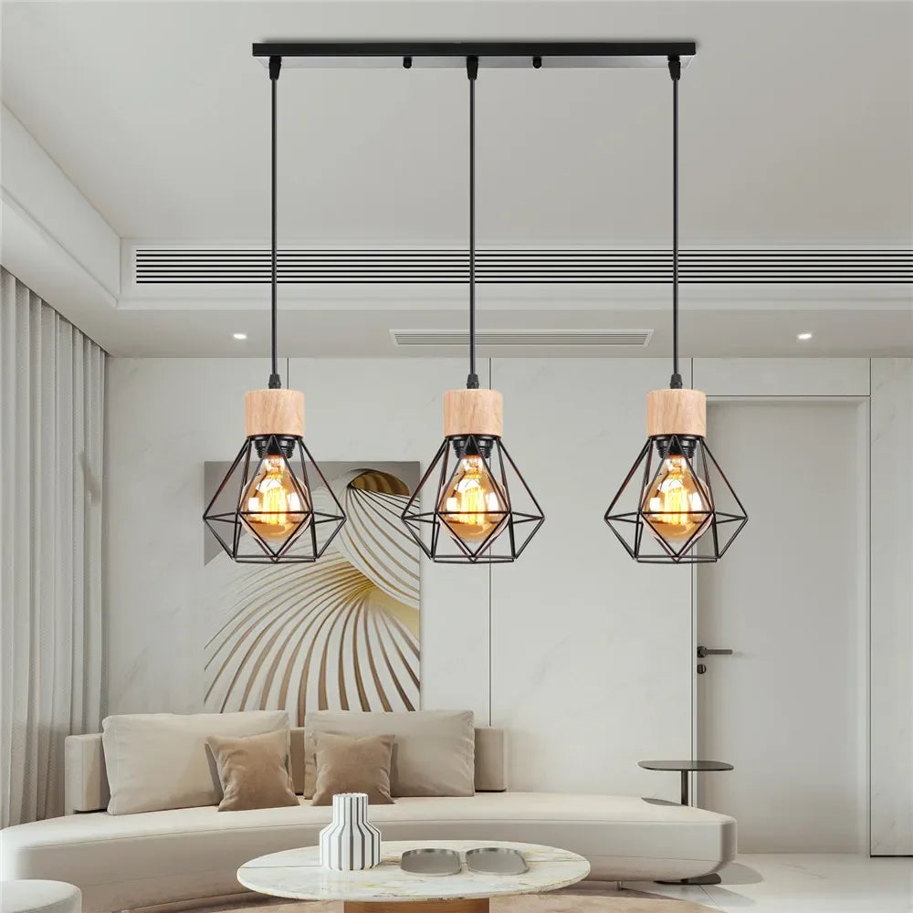Vintage Black Wood and Iron Cage Pendant Light