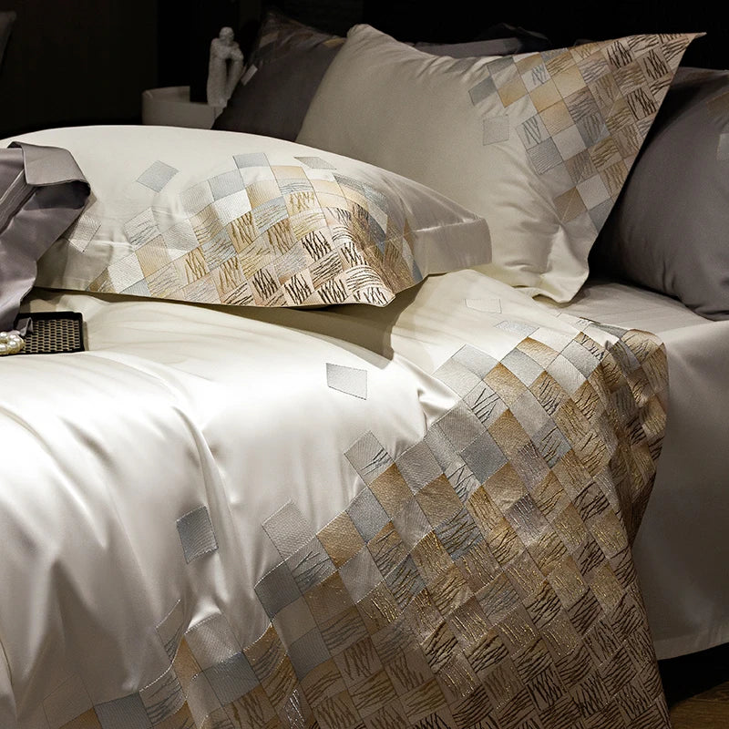 DecorBites™ 4-Piece Luxury Embroidery Bedding Set in Pearl White/Grey Satin Brocade Cotton