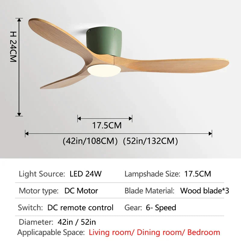 DecorBites™ 52" Low Floor Fan Lights Wood Blade Remote Control Ceiling Fan Strong Winds