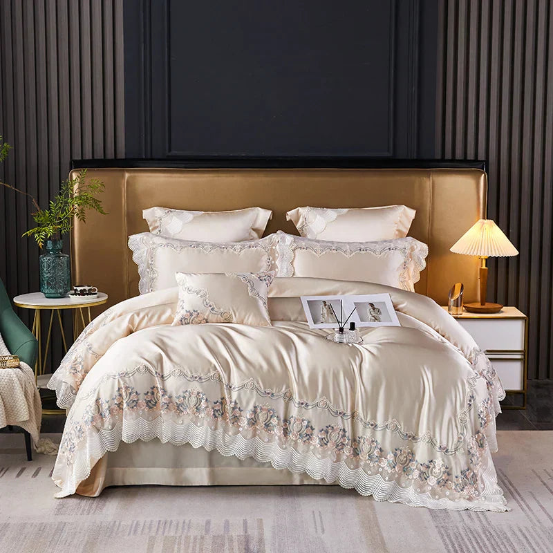 طقم مفروشات سرير الزفاف الفرنسي الفاخر من الحرير القطني المخرم من DecorBites™ لغرف نوم الأميرات الأنيقة