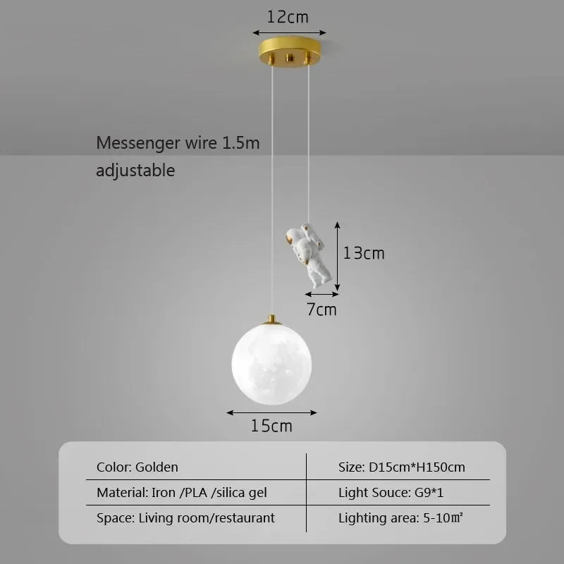 DecorBites™ Astronaut Moon LED Pendant Light for Children's Room, Nordic Iron Design.