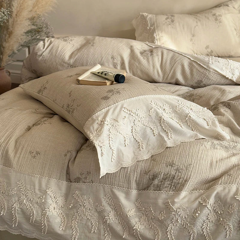 DecorBites™ French Lace Flowers Bedding Set, 100% Cotton Double Layer, Soft Duvet Cover, Bed Sheet, Pillowcases