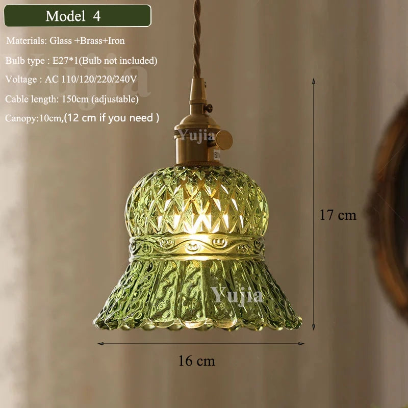 Vintage Green Glass Pendant Light With Brass Finish