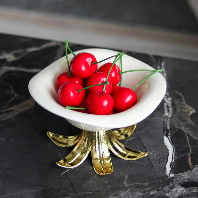 DecorBites™ طبق فاكهة من السيراميك بتصميم أغصان ذهبية - وعاء صينية إكسسوارات ديكور المنزل