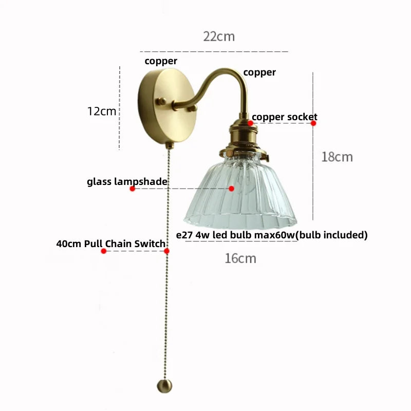 DecorBites™ Clear Glass LED Wall Sconce Pull Chain Switch Modern Stair Light